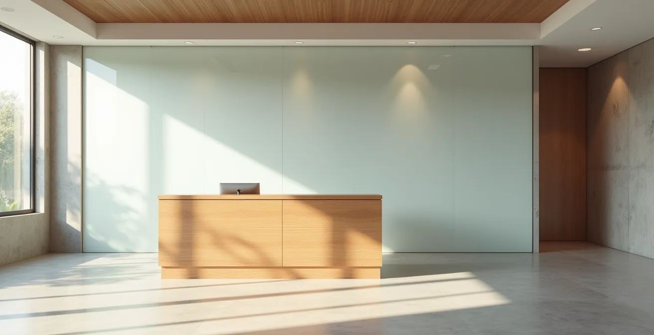 Zone de transition professionnelle avec banque d'accueil marquant la frontière entre espace privé et professionnel