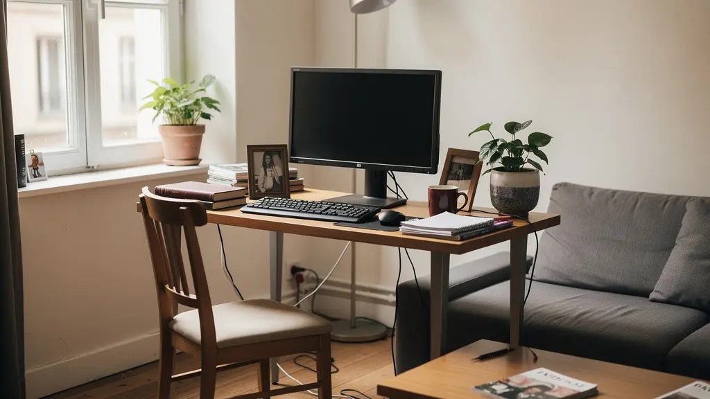 Bureau télétravail compact intégré dans salon appartement français optimisé