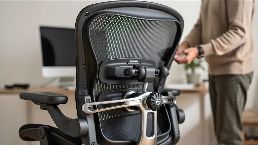 Détail réglage soutien lombaire chaise de bureau ergonomique télétravail