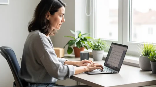 Femme travaillant concentrée sur bureau ergonomique dans appartement lumineux