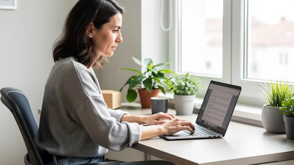Femme travaillant concentrée sur bureau ergonomique dans appartement lumineux
